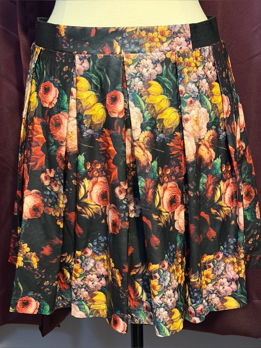 Rue 21 Faux Leather Dark Floral Pleated Skater Skirt